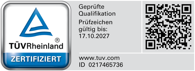 TÜV Rheinland geprüfte Qualifikation – ID 0217465736, gültig bis 17.10.2027